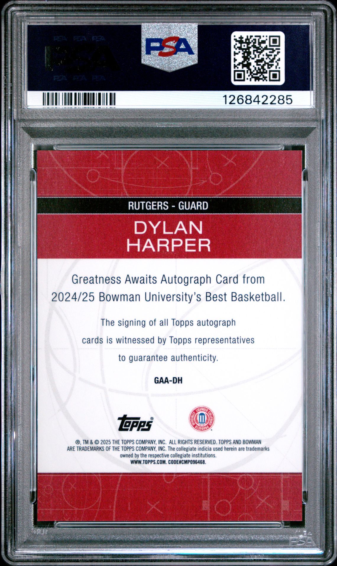 2024 Bowman University Best Greatness Awaits Autographs Dylan Harper #Gaadh (Grt Awaits Auto-Gold Ref) Gem Mt 10 back