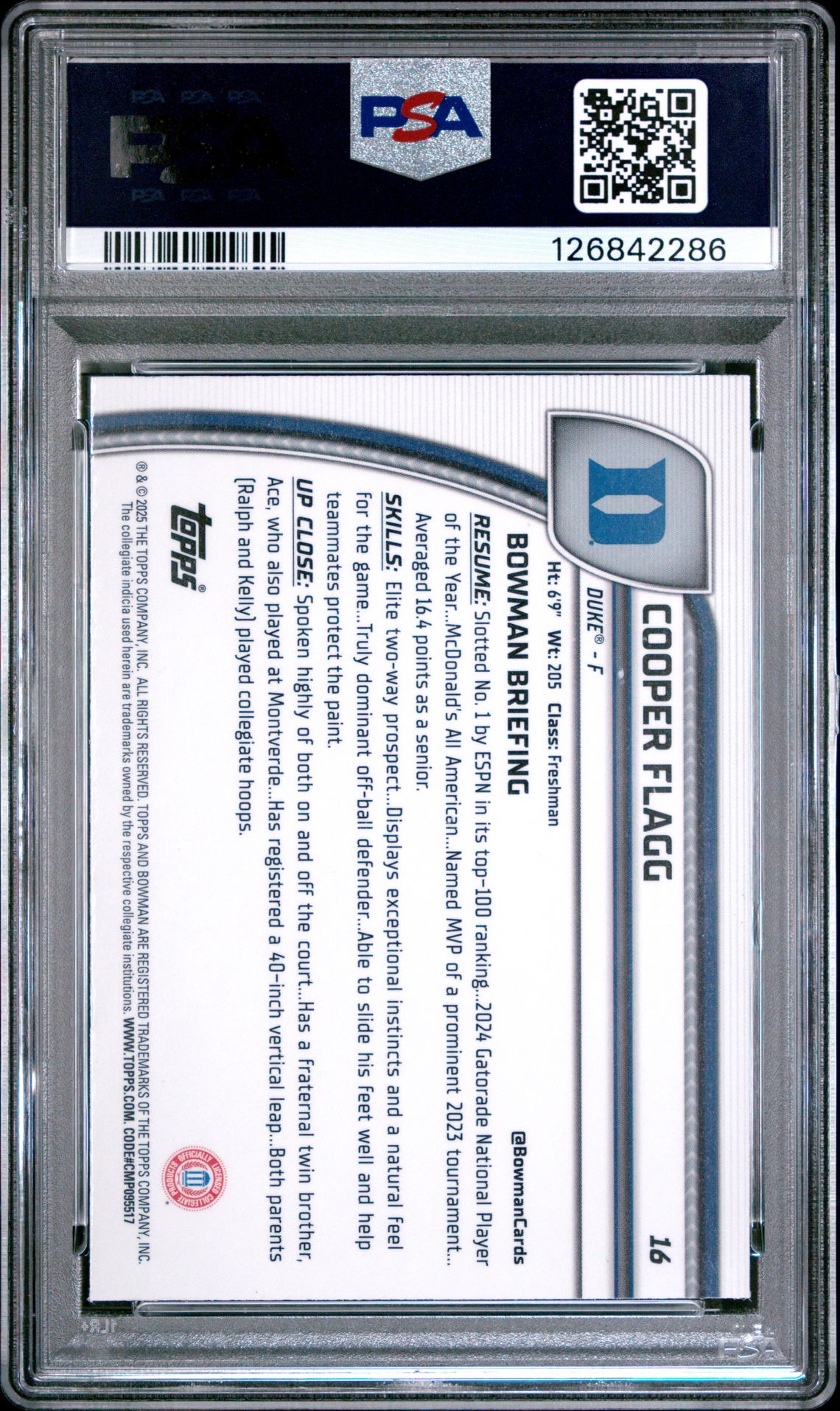 2024 Bowman University Chrome Sapphire Cooper Flagg #16 Gem Mt 10 back