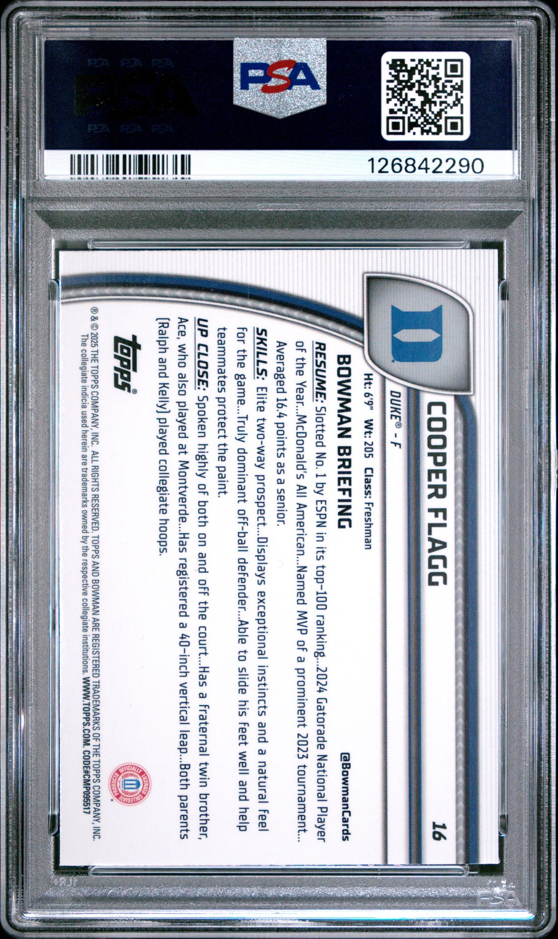 2024 Bowman Chrome University Cooper Flagg #16 (Blue Refractor) Mint 9 back