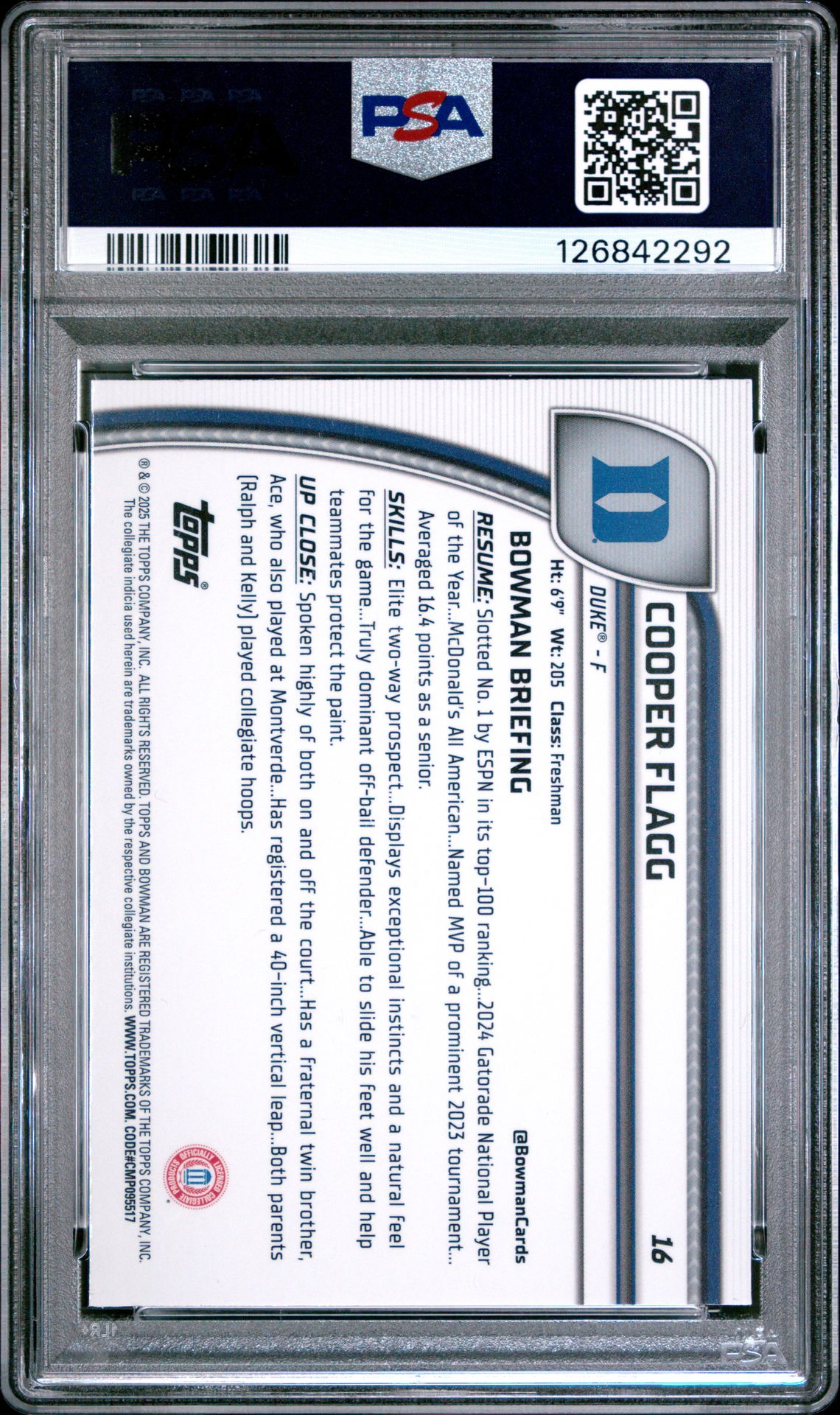 2024 Bowman Chrome University Cooper Flagg #16 (Black Wave) Gem Mt 10 back
