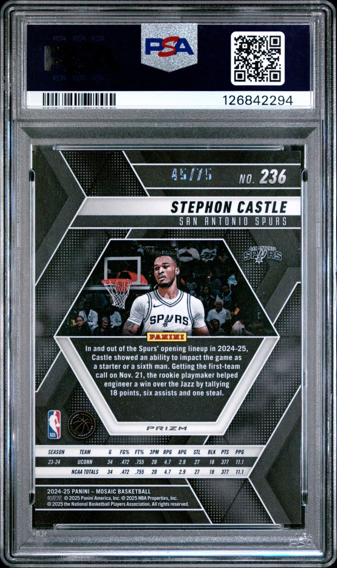 2024 Panini Mosaic Stephon Castle #236 (Fusion Red & Yellow Choice) Gem Mt 10 back