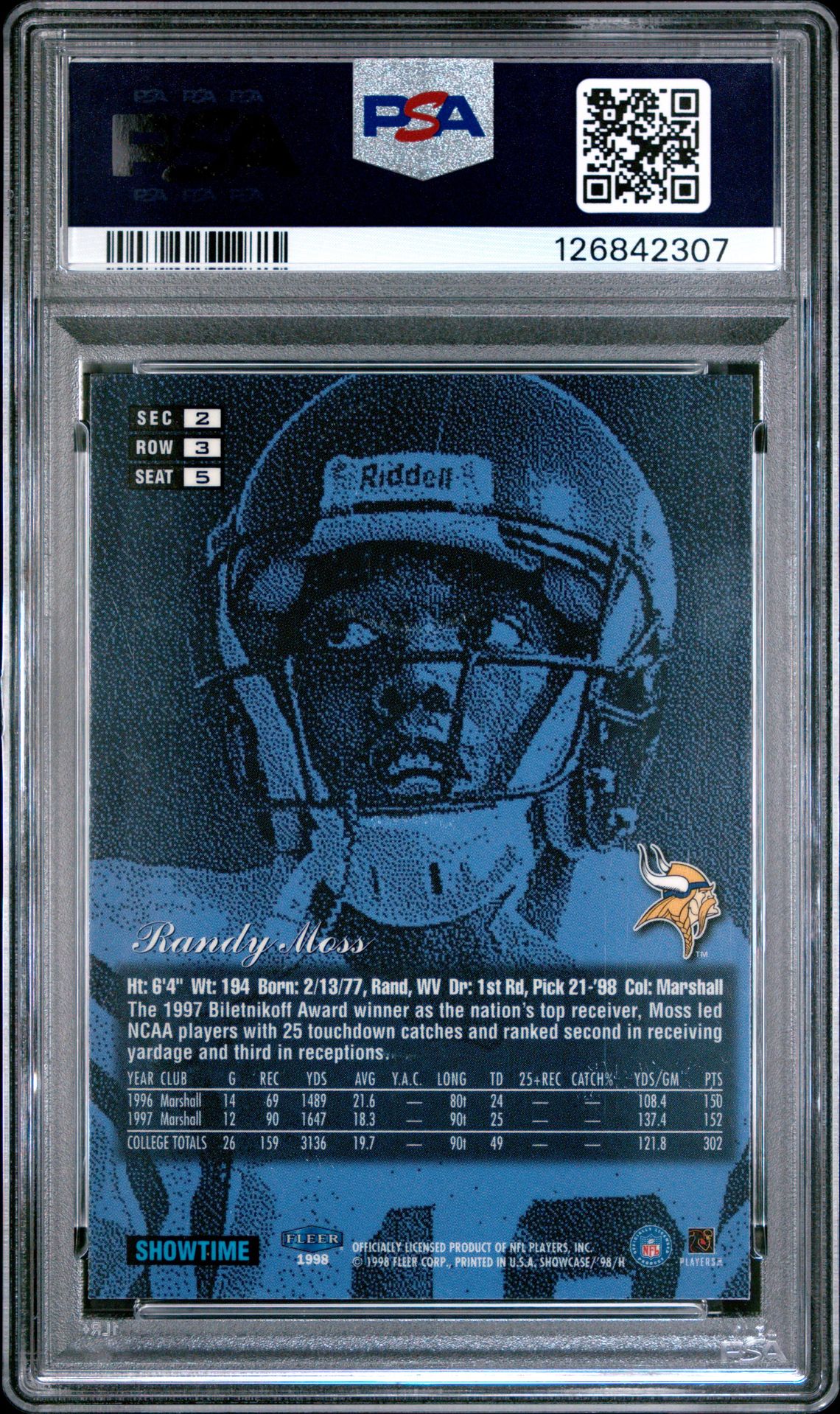 1998 Flair Showcase Randy Moss #5 (Row 3) Nm-Mt 8 back