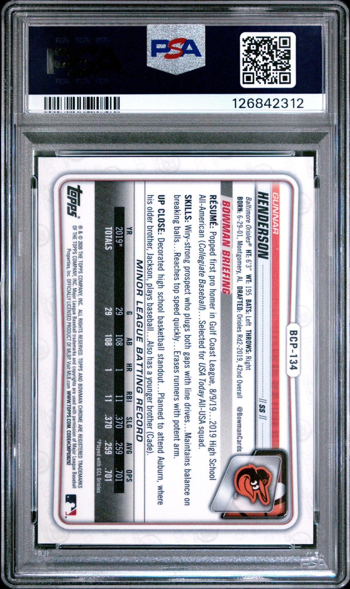 2020 Bowman Chrome Prospects Gunnar Henderson #Bcp134 (Prospects-Blue Ref.) Mint 9 back