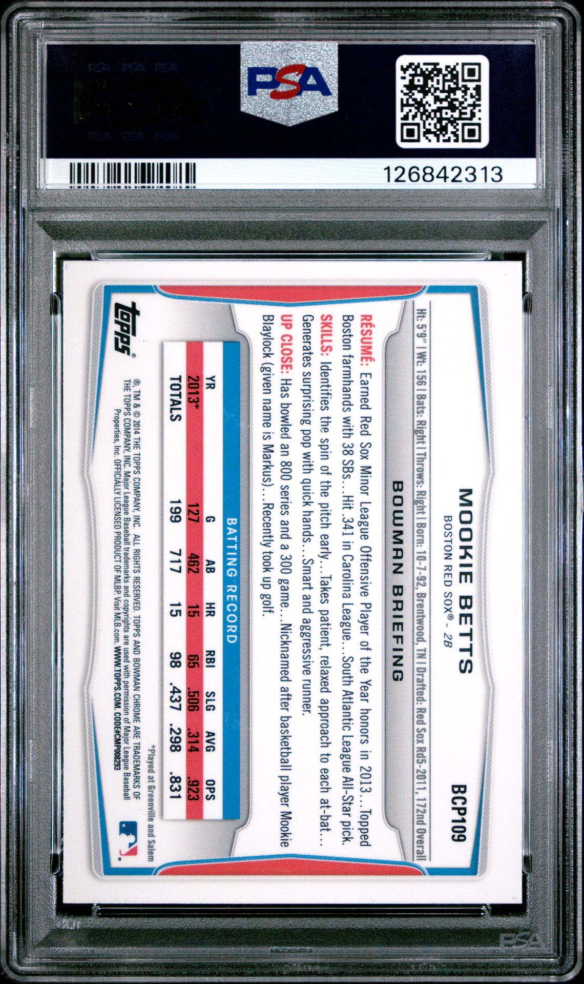 2014 Bowman Prospects Mookie Betts #Bcp109 (Chrome) Nm-Mt 8 back