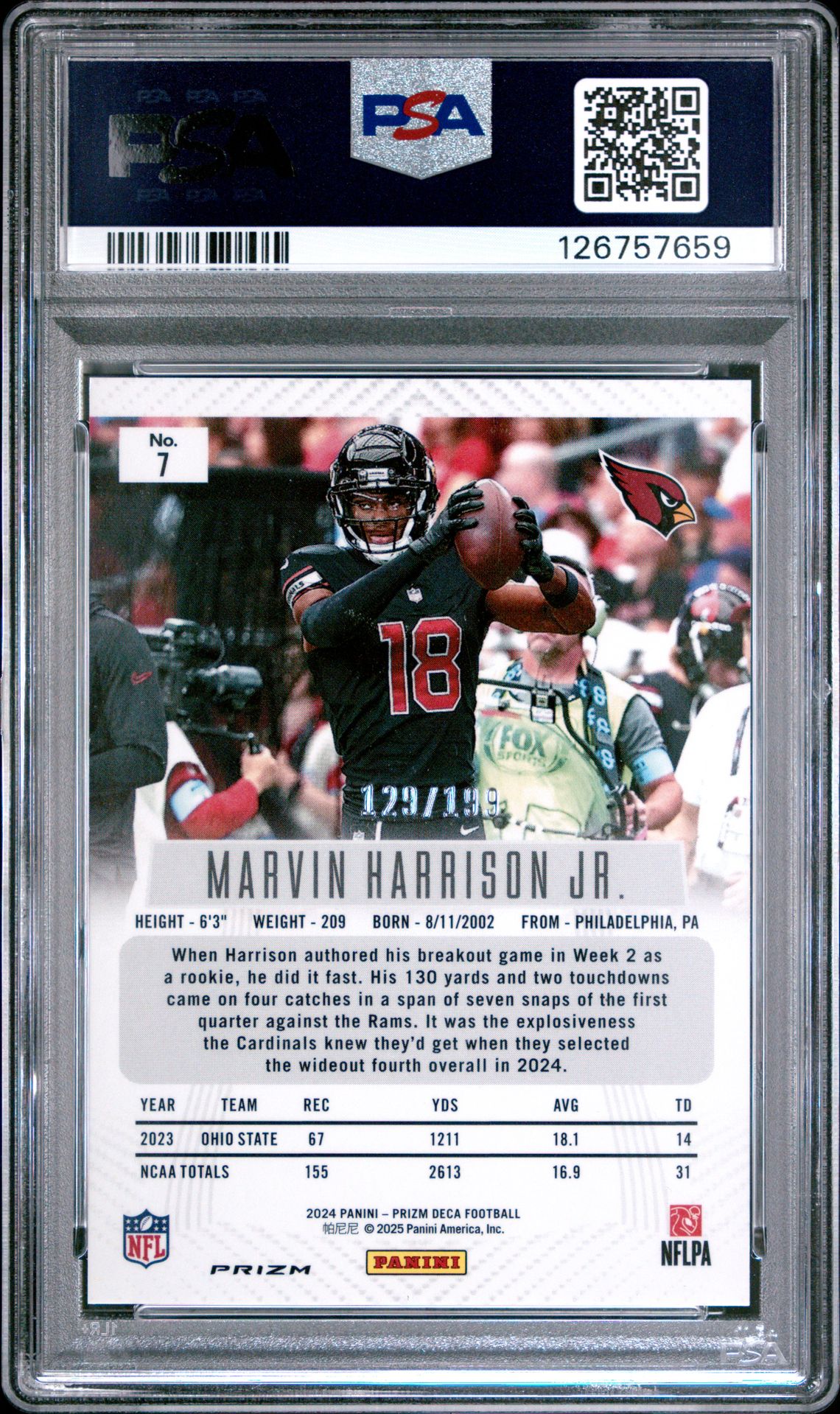 2024 Panini Prizm Deca Marvin Harrison Jr. #7 (Red Prizm) Mint 9 back