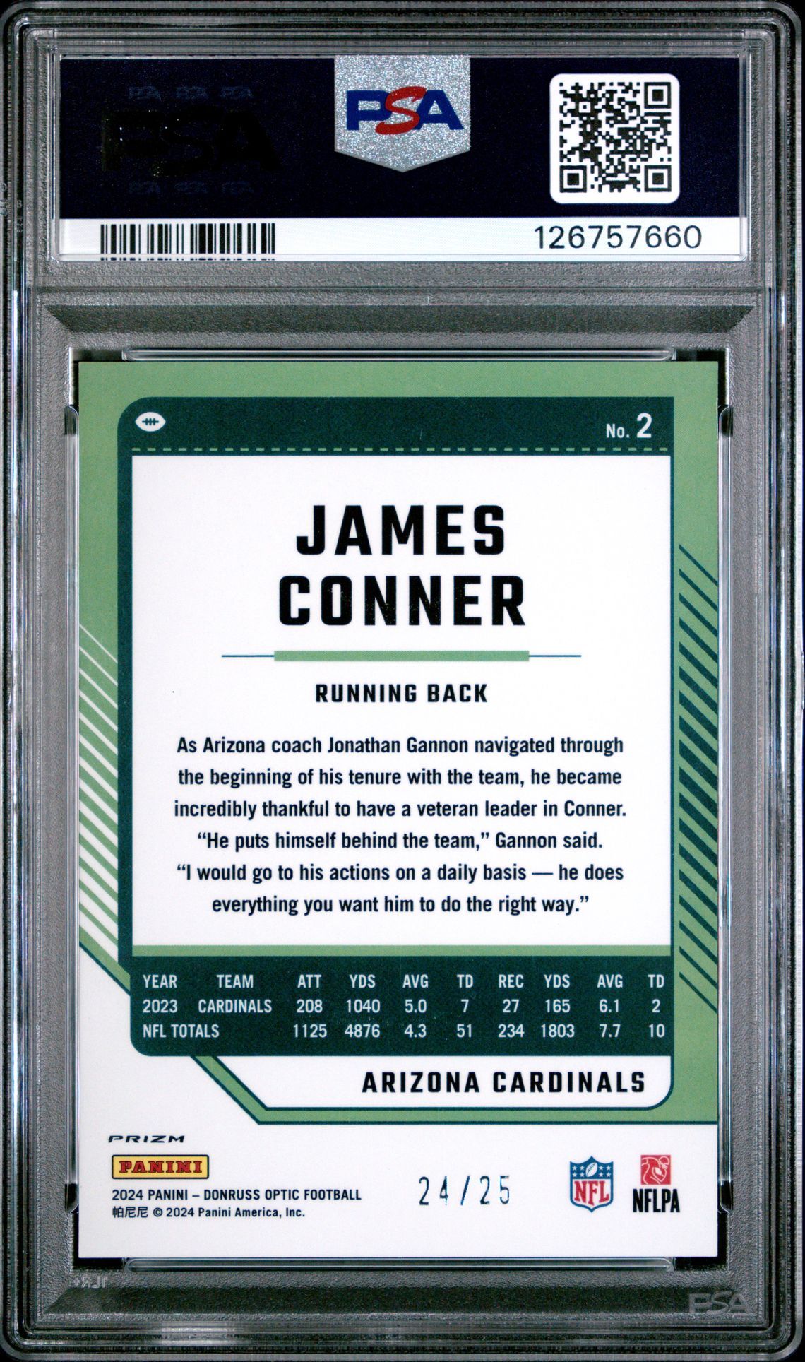 2024 Panini Donruss Optic James Conner #2 (Black Pandora) Gem Mt 10 back