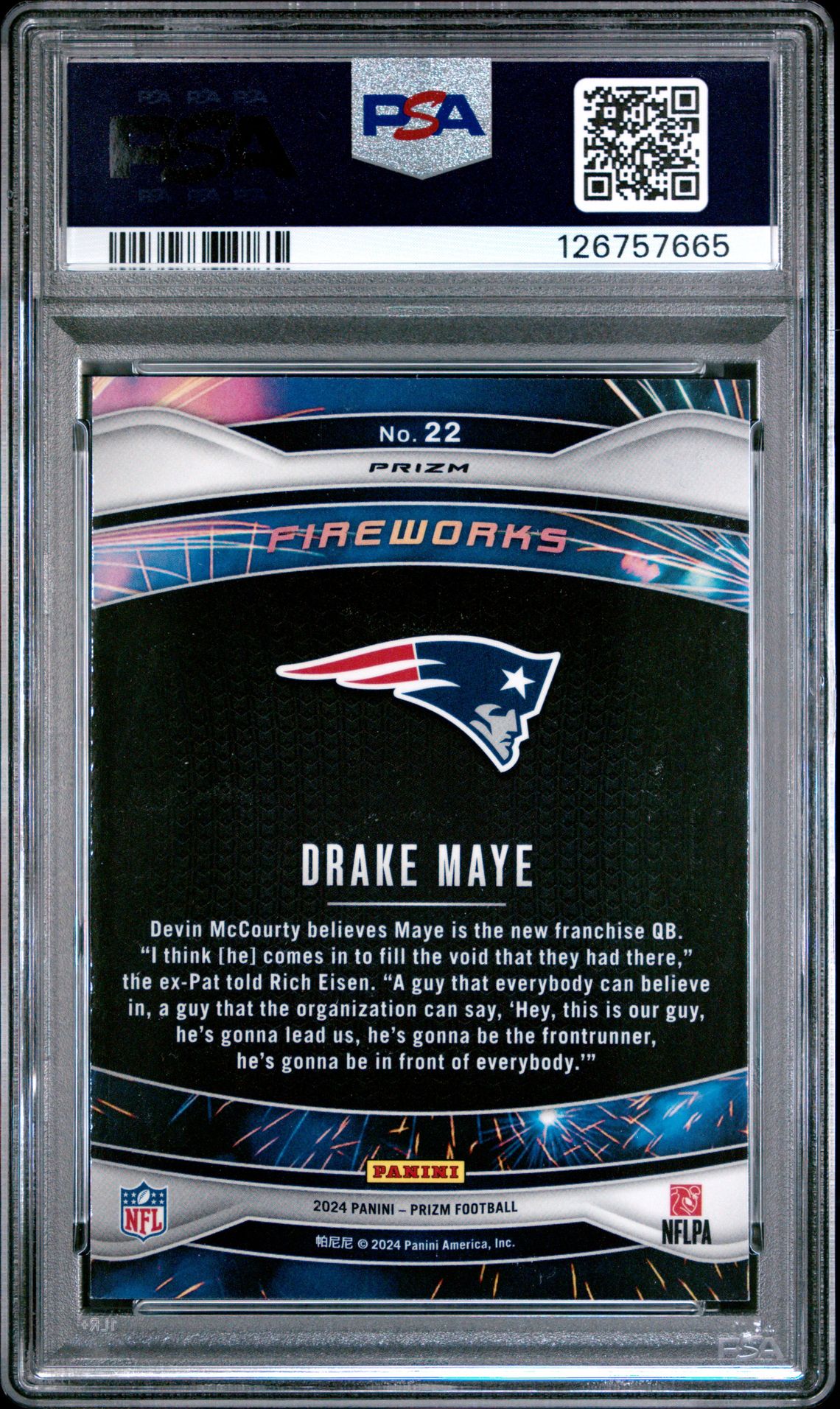 2024 Panini Prizm Fireworks Drake Maye #22 (Fireworks-Green Ice) Gem Mt 10 back