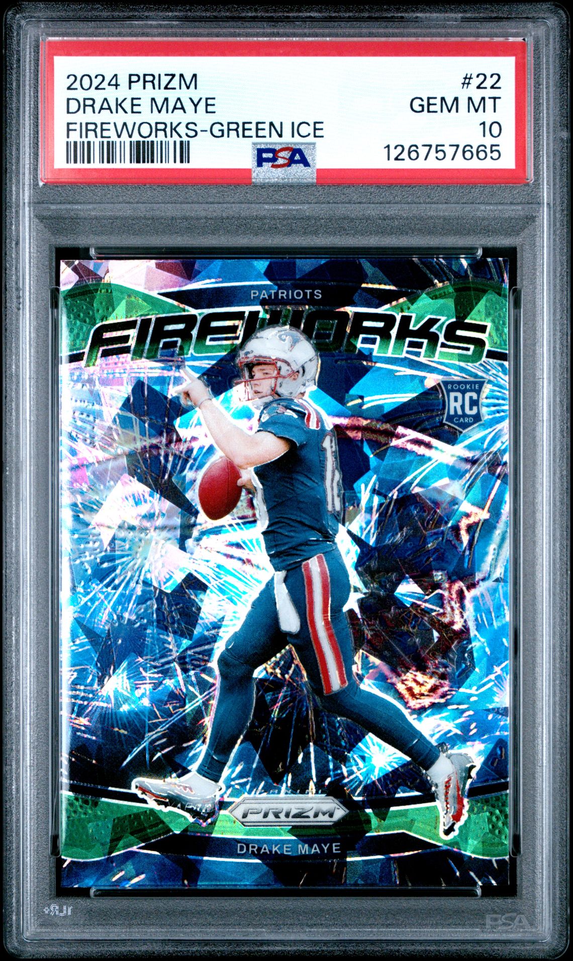 2024 Panini Prizm Fireworks Drake Maye #22 (Fireworks-Green Ice) Gem Mt 10 front