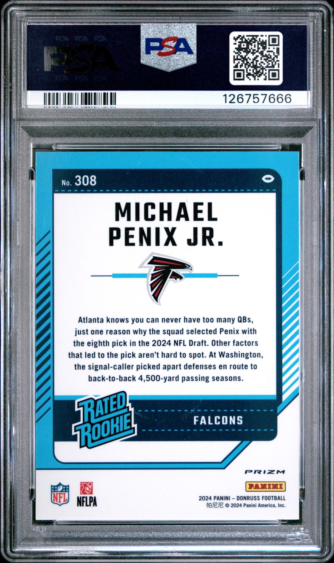 2024 Panini Donruss Michael Penix Jr. #308 (Optic Preview-Pink) Gem Mt 10 back