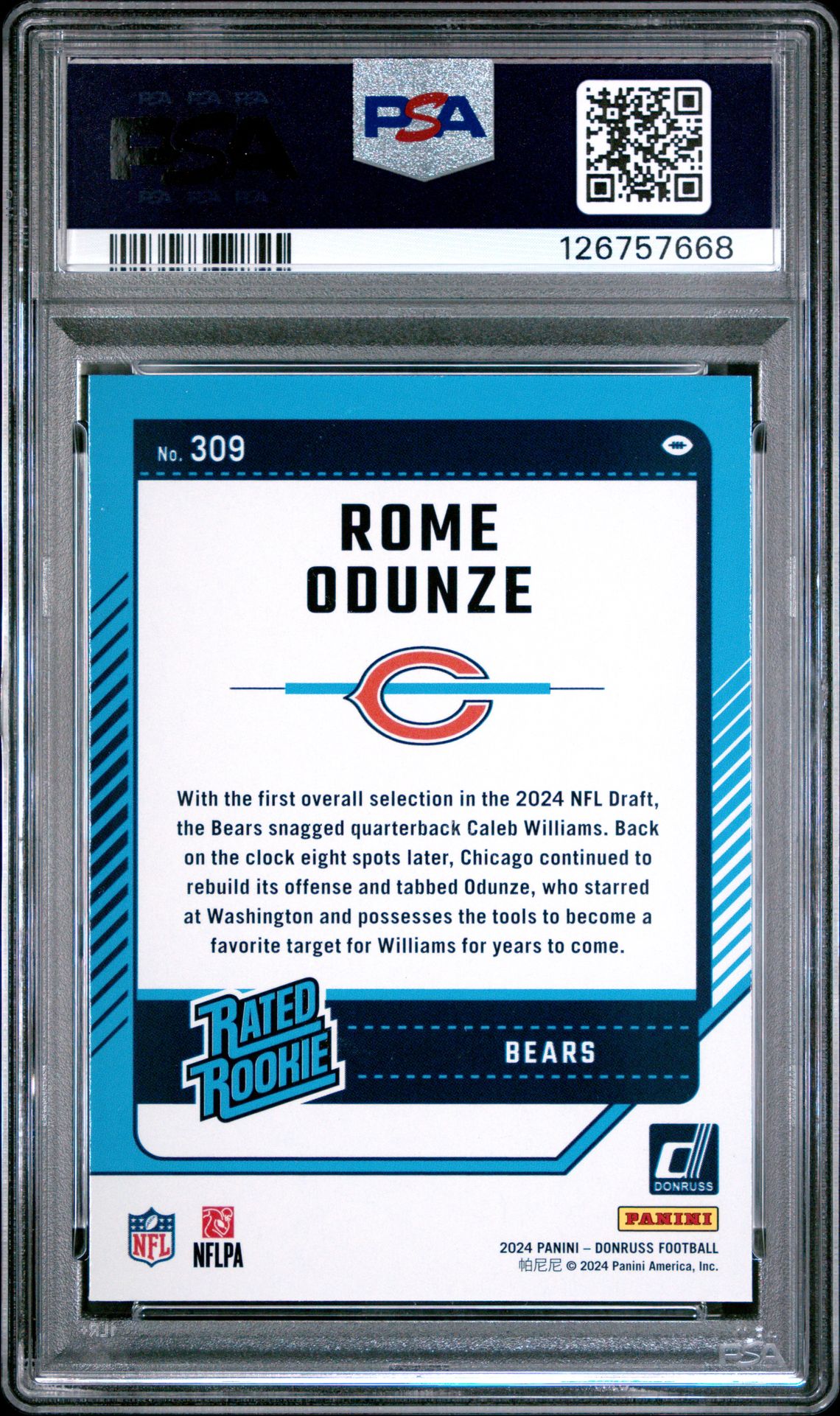 2024 Panini Donruss Rome Odunze #309 (Press Proof Yellow) Gem Mt 10 back