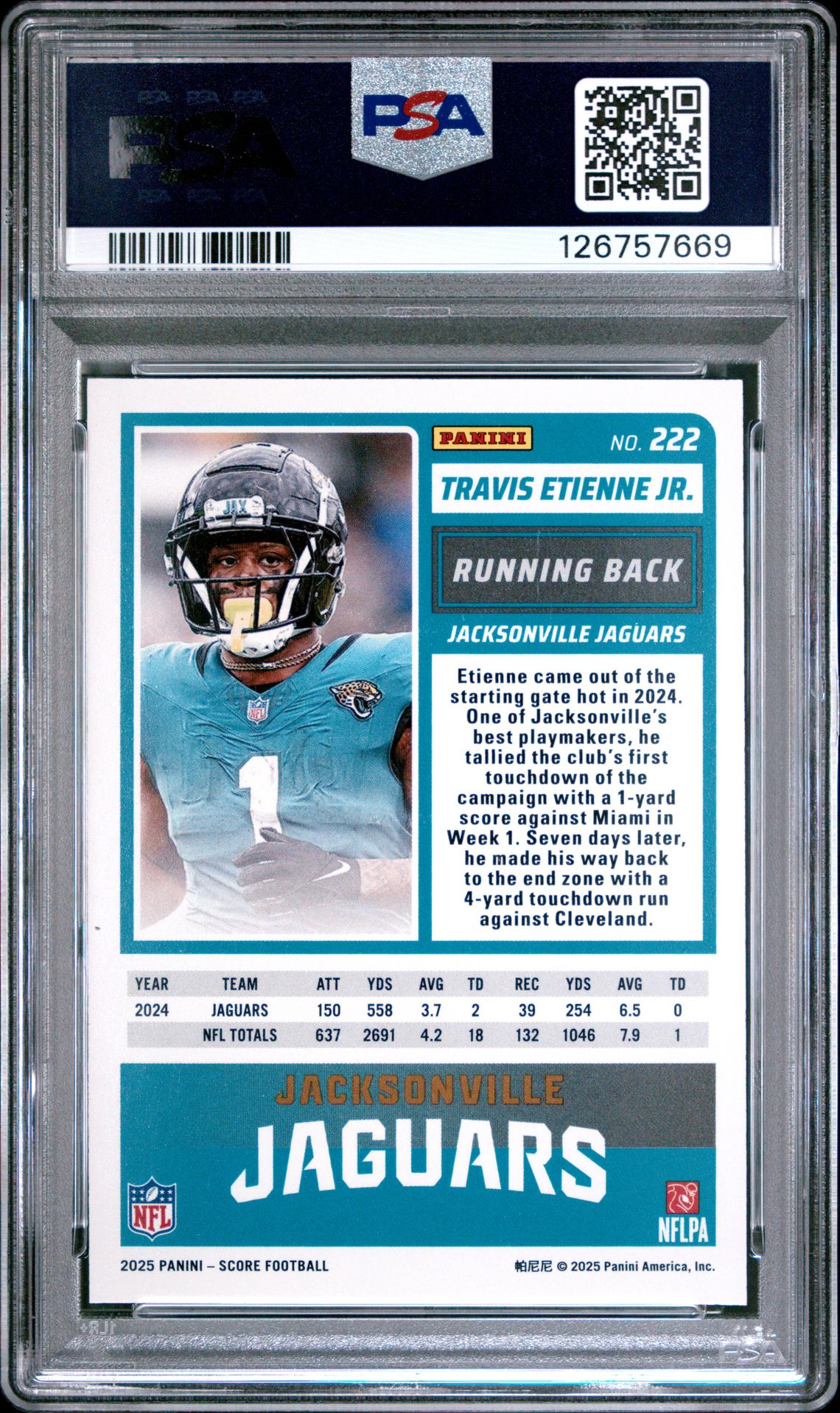 2025 Panini Score Travis Etienne Jr. #222 (Artist's Proof) Mint 9 back
