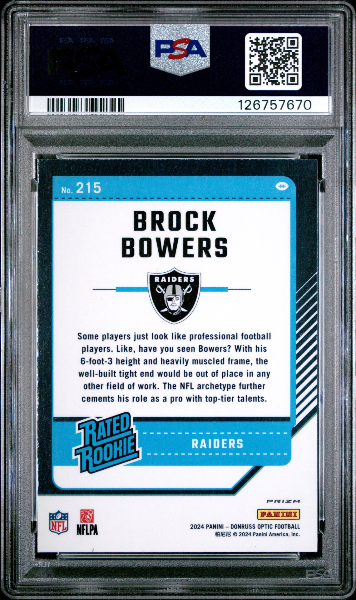 2024 Panini Donruss Optic Brock Bowers #215 (Purple Shock) Mint 9 back