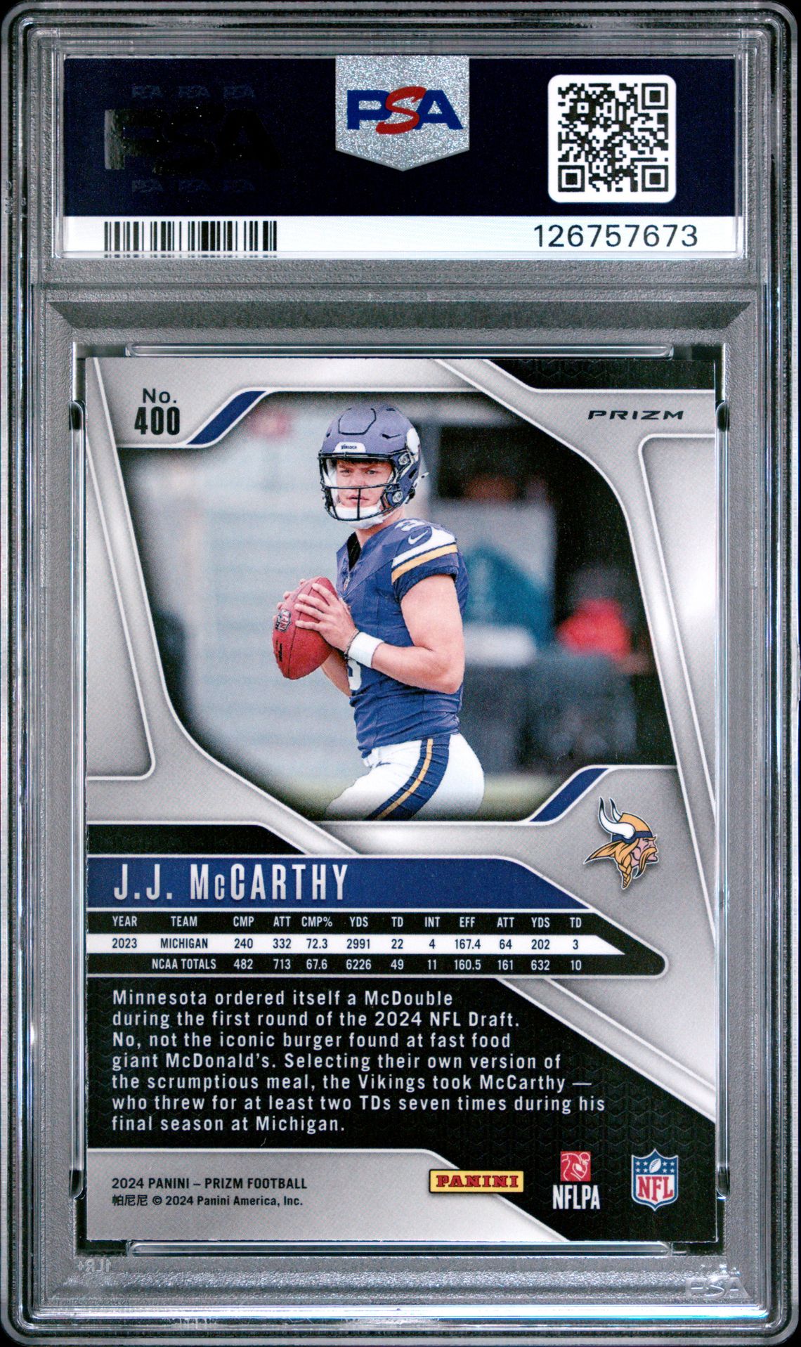 2024 Panini Prizm Jj Mccarthy #400 (Red/White/Blue Prizm) Mint 9 back