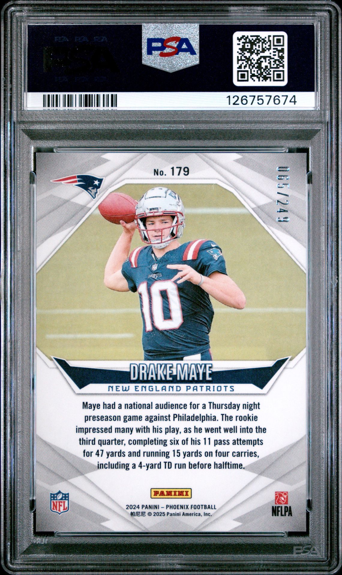 2024 Panini Phoenix Drake Maye #179 (Blue Fade) Gem Mt 10 back