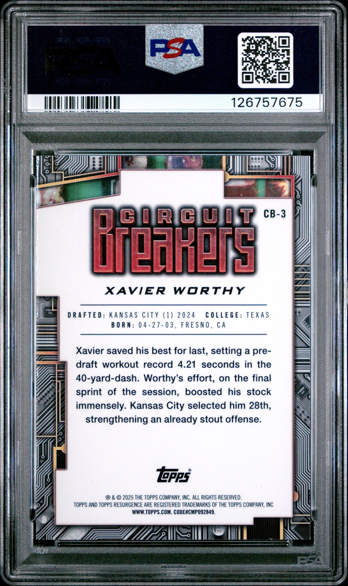 2024 Topps Resurgence Circuit Breakers Xavier Worthy #Cb3 (Circuit Breakers-Blue Surge) Gem Mt 10 back