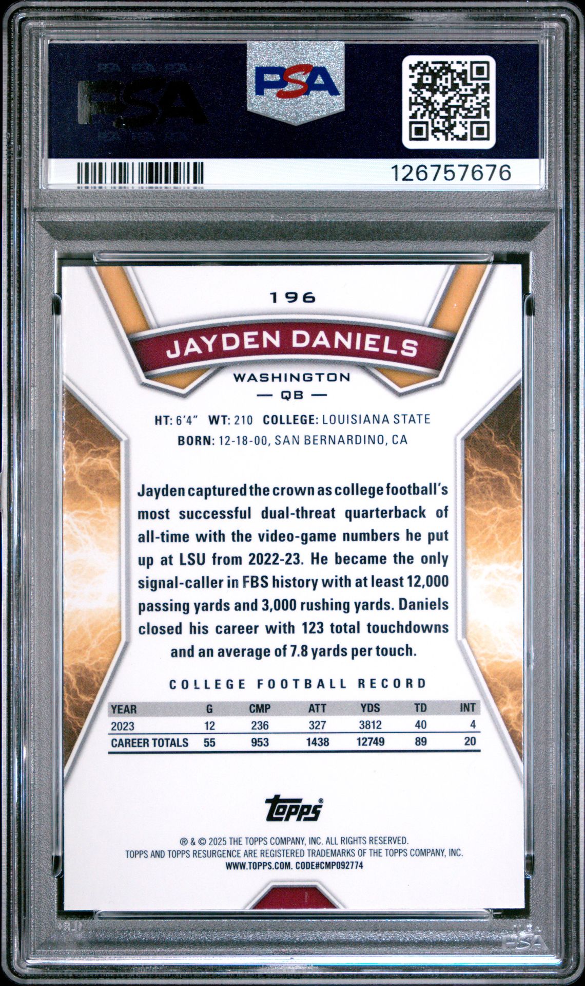 2024 Topps Resurgence Jayden Daniels #196 (Sky Blue & Pink Shock) Gem Mt 10 back