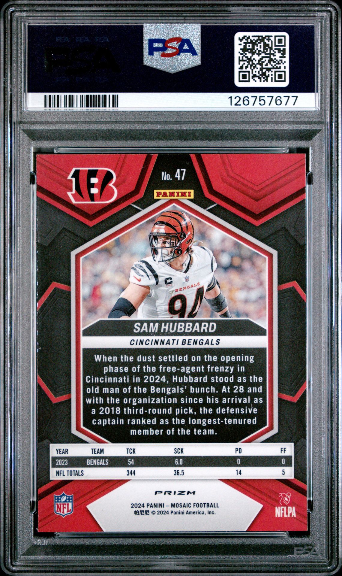 2024 Panini Mosaic Sam Hubbard #47 (Genesis) Gem Mt 10 back