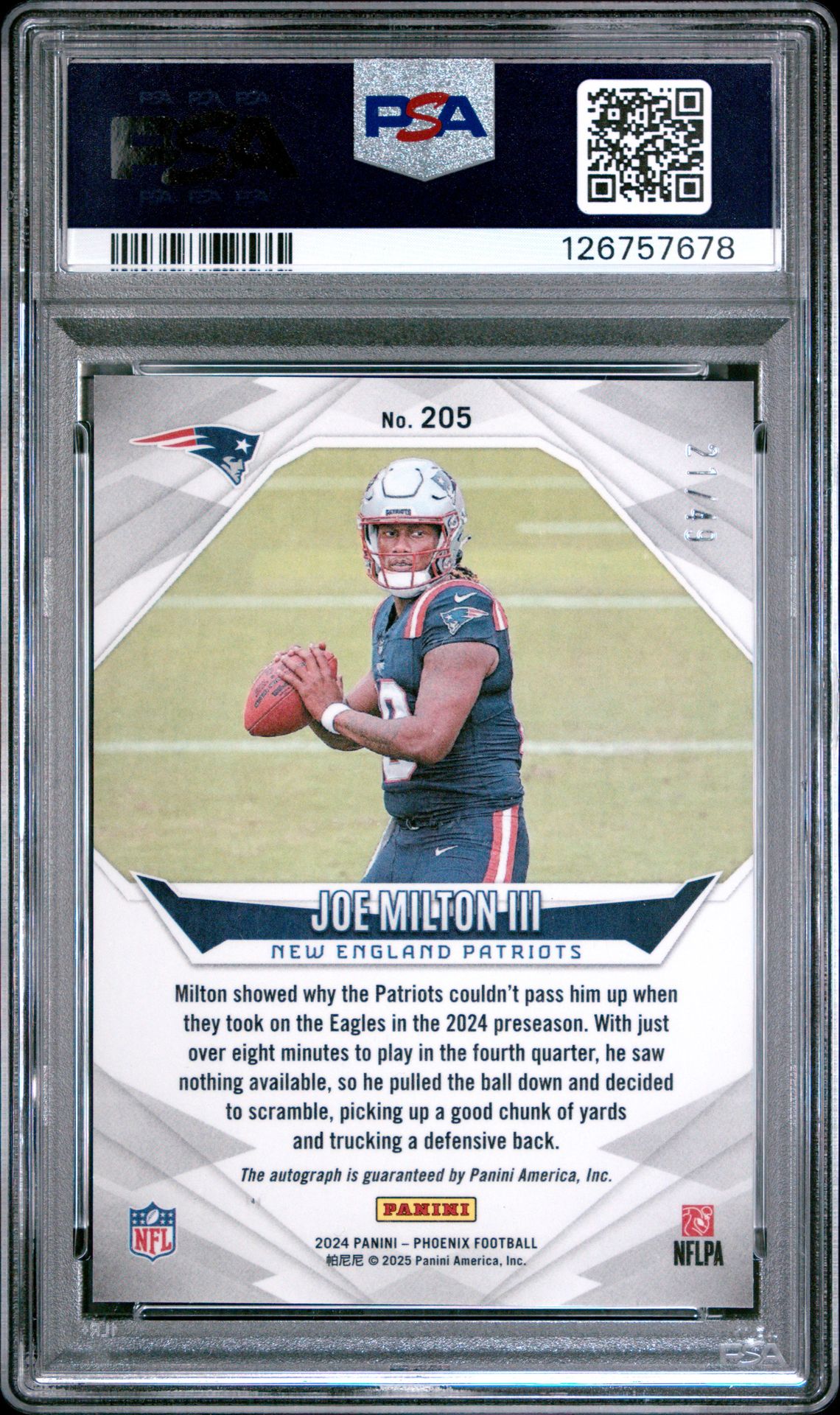 2024 Panini Phoenix Joe Milton Iii #205 (Autograph-Blue) Nm-Mt 8 back