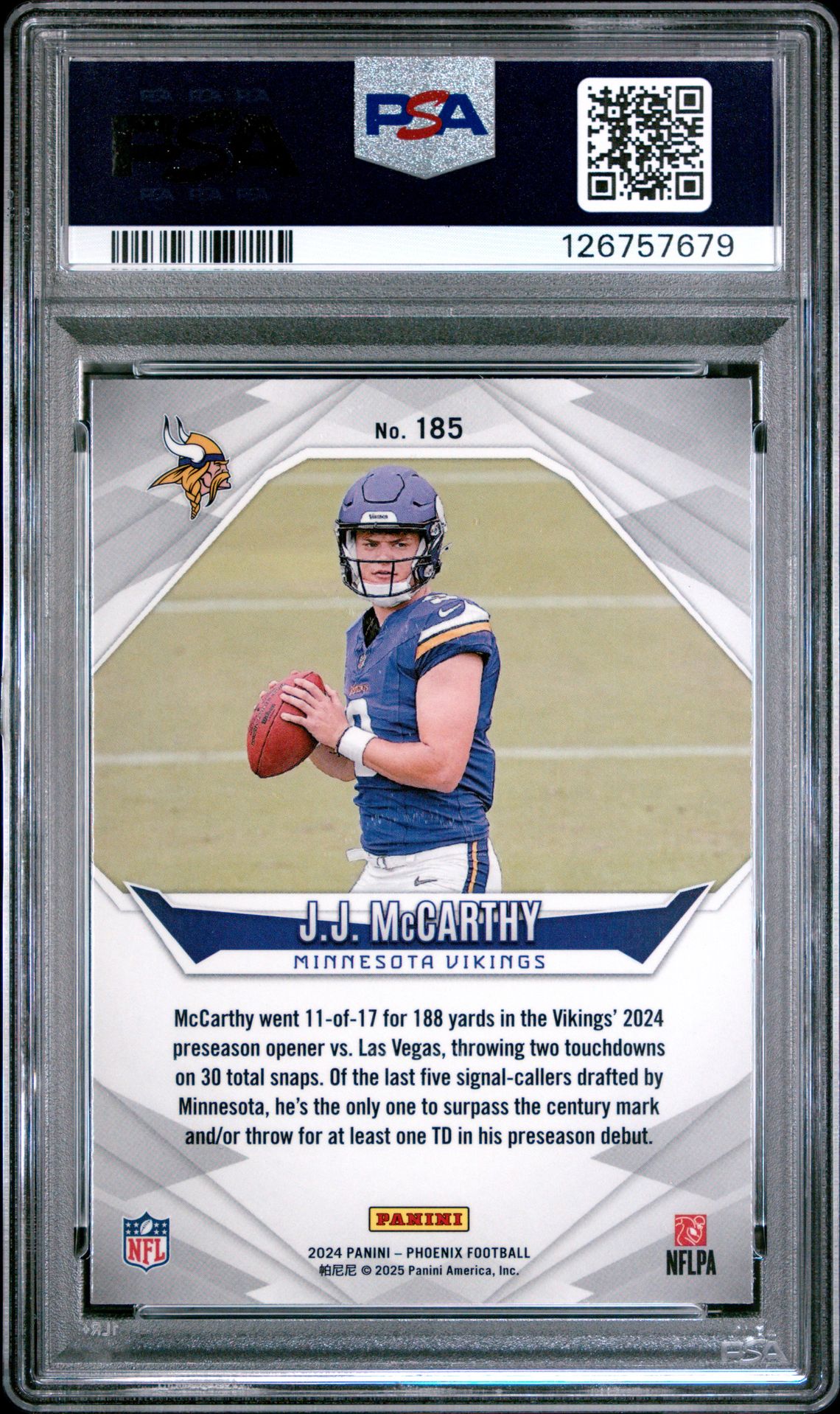 2024 Panini Phoenix Jj Mccarthy #185 (Silver) Mint 9 back