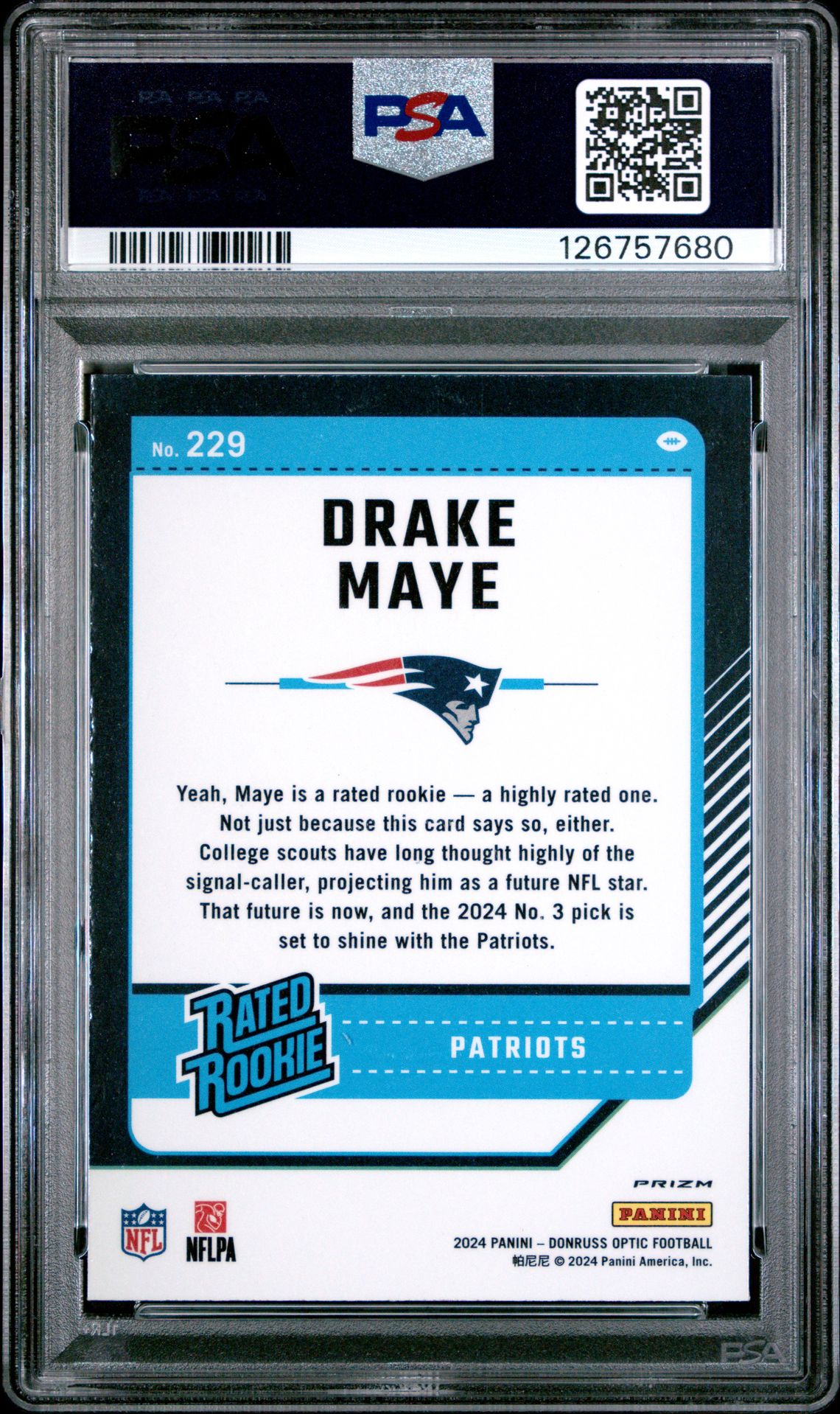 2024 Panini Donruss Optic Drake Maye #229 (Blue Hyper) Gem Mt 10 back