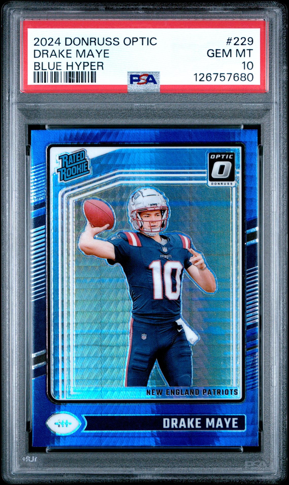 2024 Panini Donruss Optic Drake Maye #229 (Blue Hyper) Gem Mt 10 front