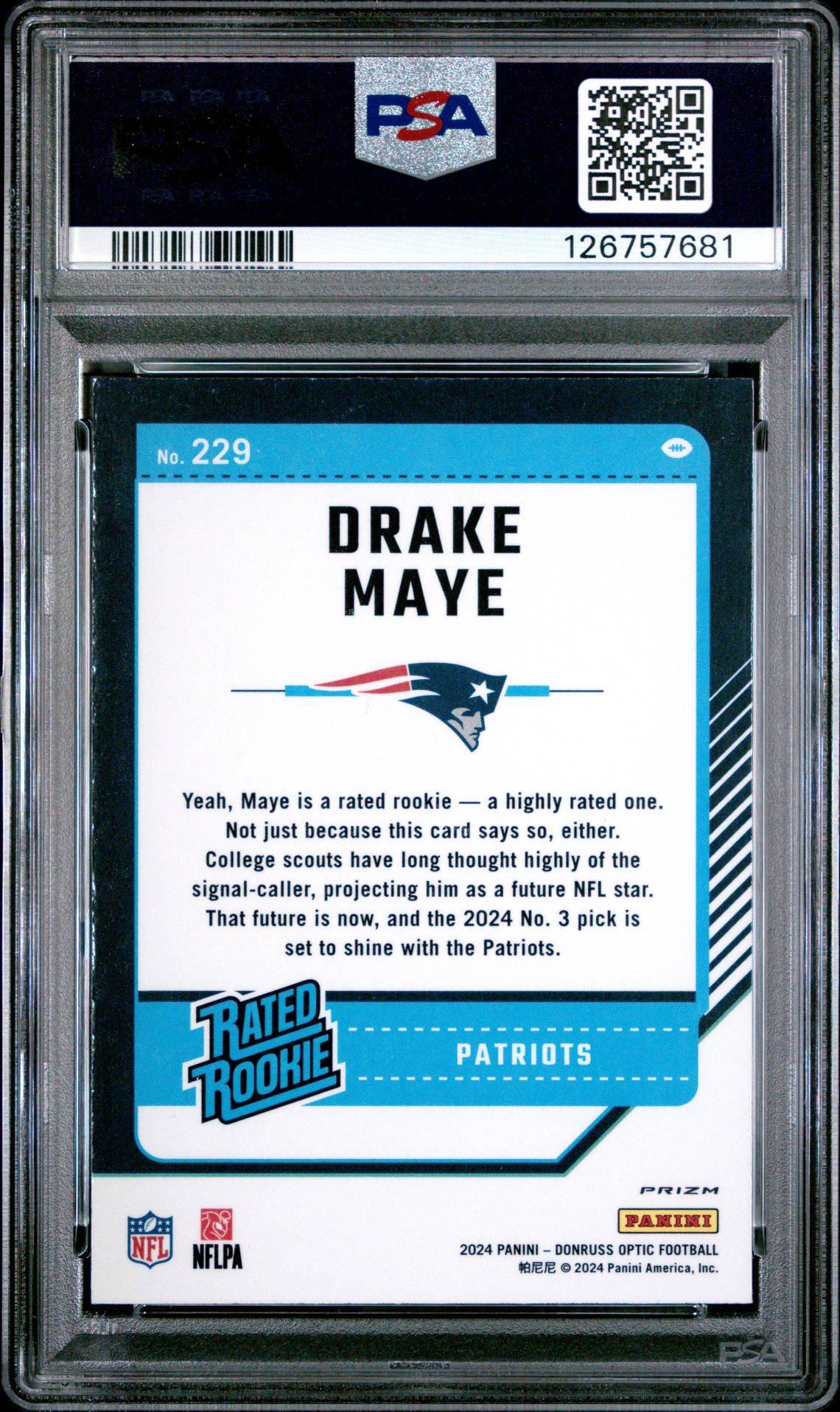 2024 Panini Donruss Optic Drake Maye #229 (Blue Hyper) Gem Mt 10 back