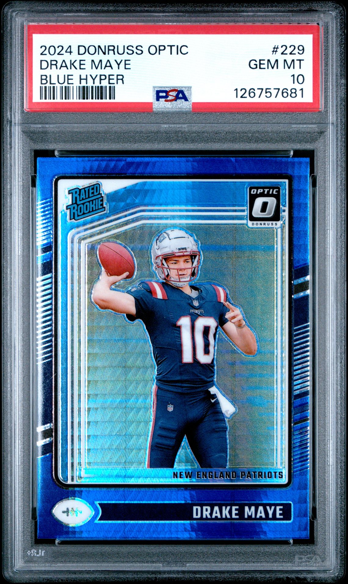 2024 Panini Donruss Optic Drake Maye #229 (Blue Hyper) Gem Mt 10 front