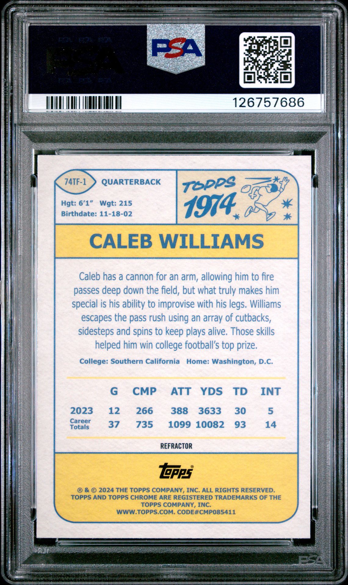2024 Topps Chrome 1974 Topps Football Caleb Williams #74Tf1 (1974 Topps Football-Ref) Mint 9 back