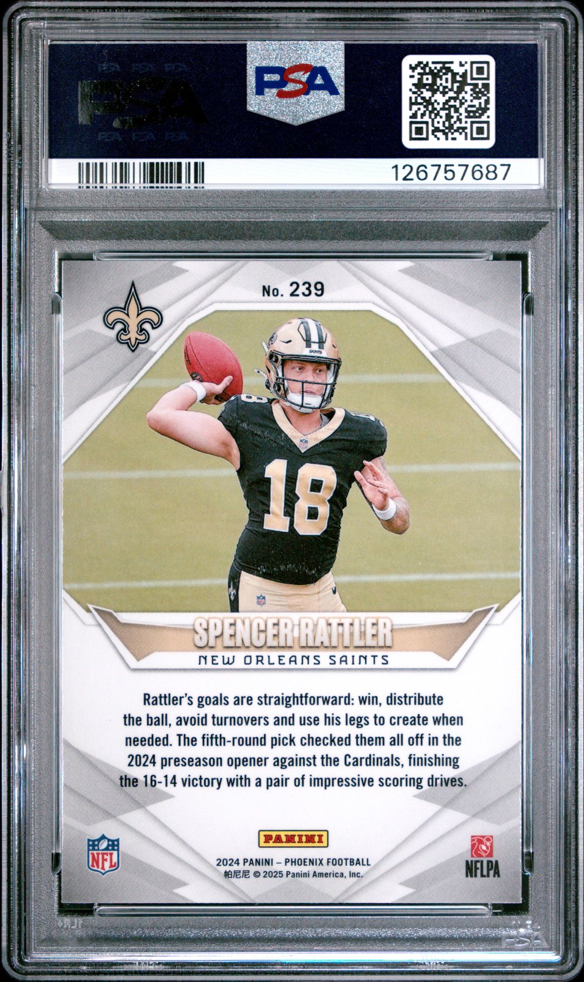 2024 Panini Phoenix Spencer Rattler #239 (Ice) Gem Mt 10 back