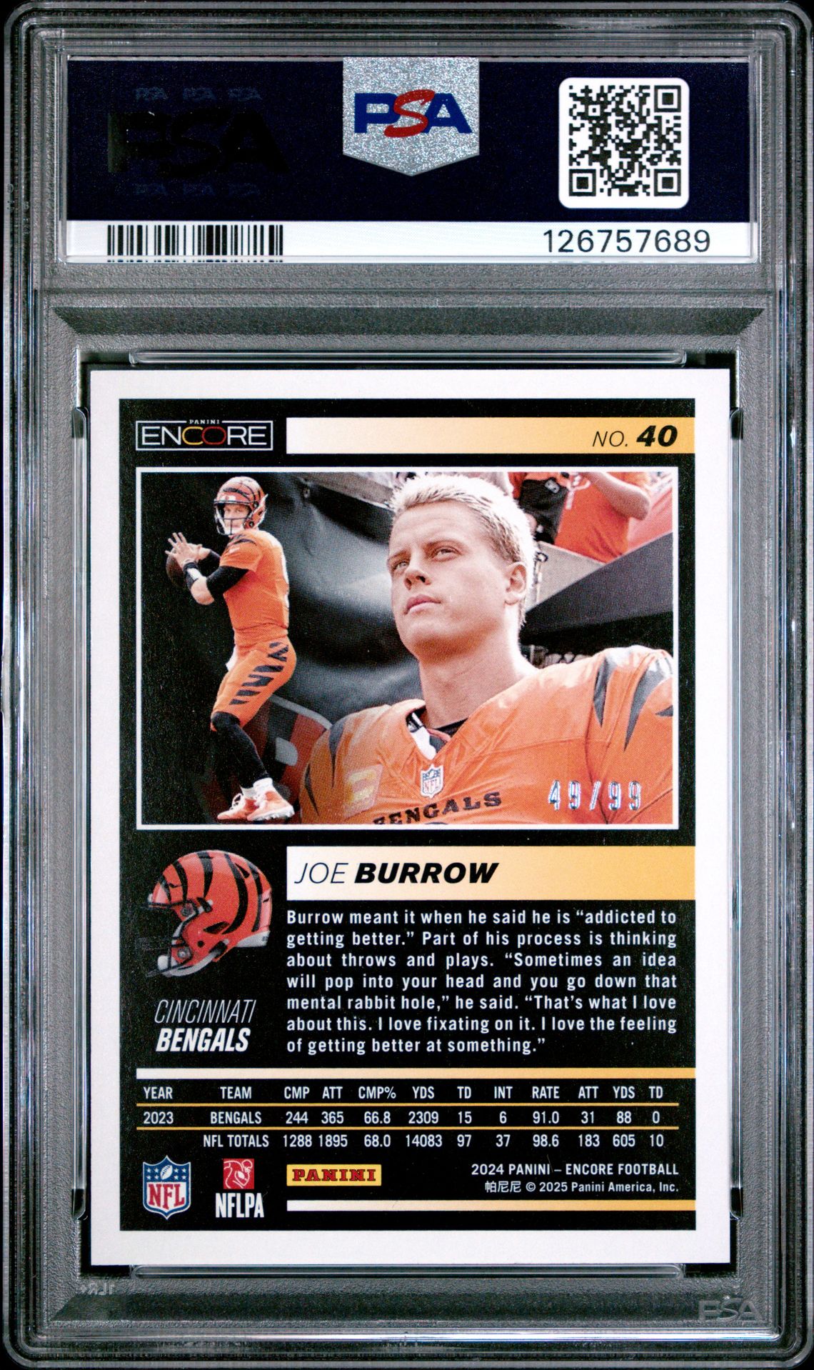 2024 Panini Encore Joe Burrow #40 (Orange) Mint 9 back