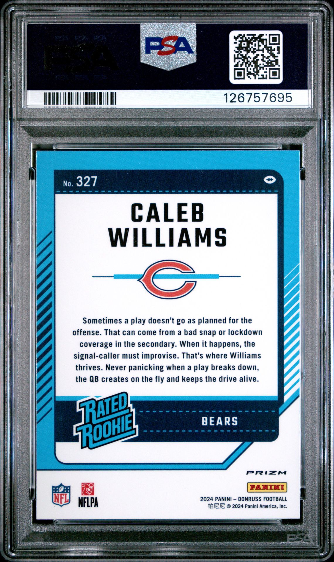 2024 Panini Donruss Caleb Williams #327 (Optic Preview-Pink) Mint 9 back