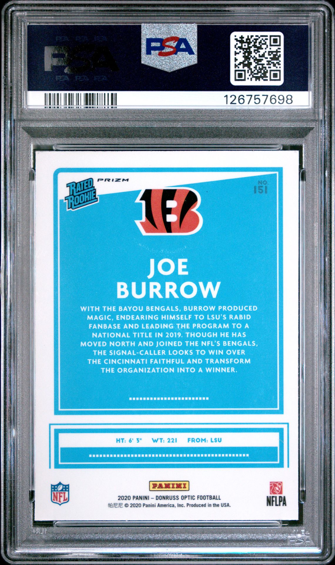 2020 Panini Donruss Optic Joe Burrow #151 (Holo) Mint 9 back