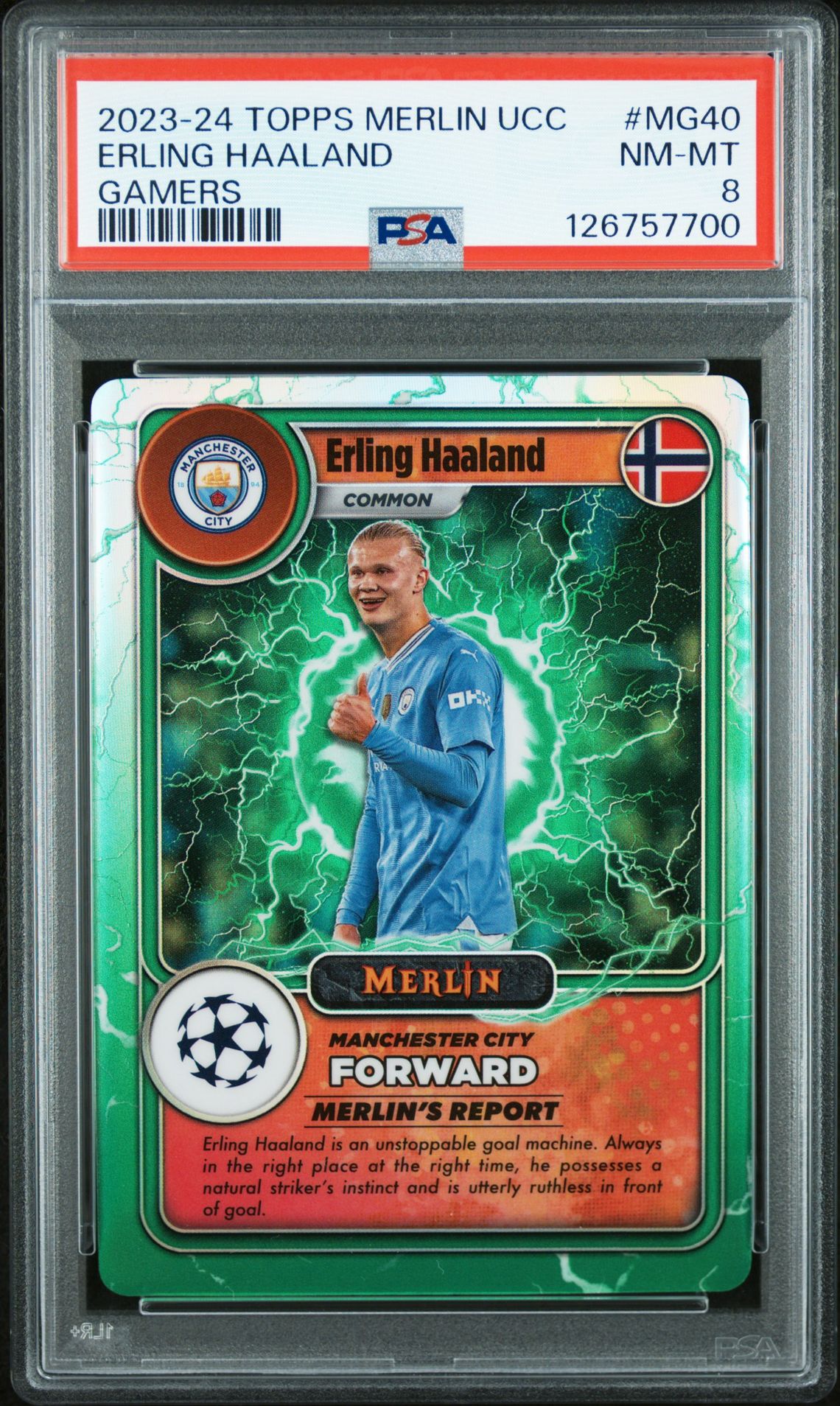 2023-24 Topps Merlin Uefa Club Competitions Merlin's Gamers Erling Haaland #Mg40 Nm-Mt 8 front