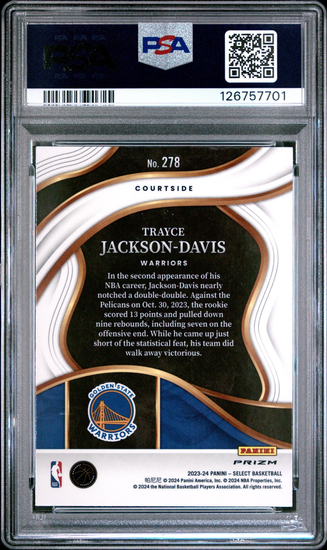 2023 Panini Select Trayce Jackson-Davis #278 (Zebra Prizm) Gem Mt 10 back