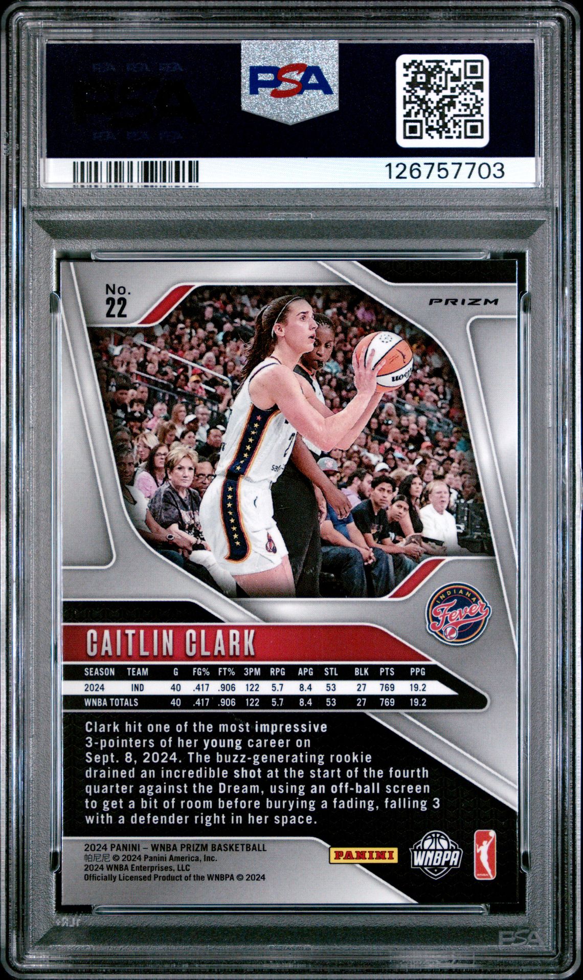 2024 Panini Prizm Wnba Caitlin Clark #22 (Blue Velocity) Mint 9 back