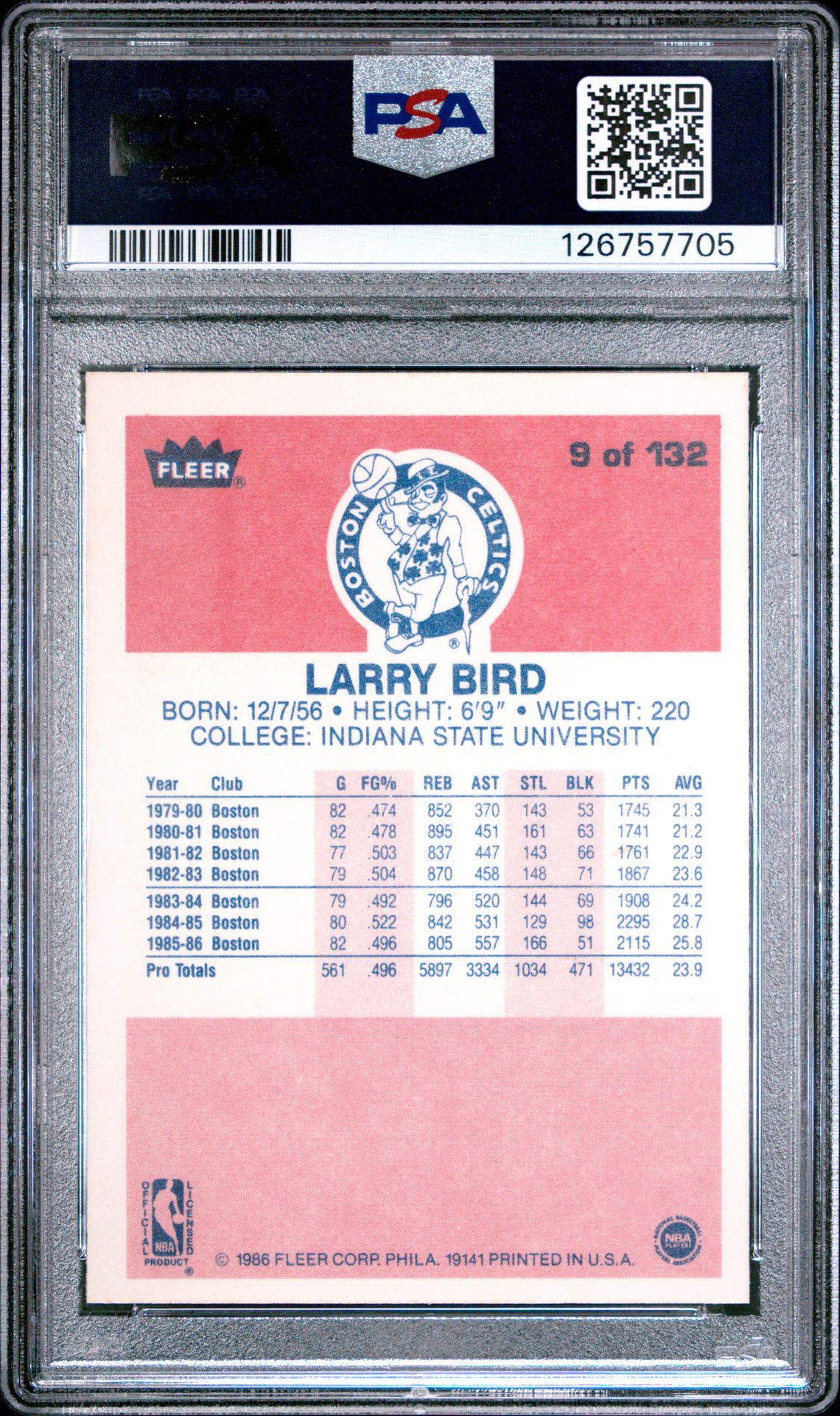 1986 Fleer Larry Bird #9 Ex-Mt 6 back