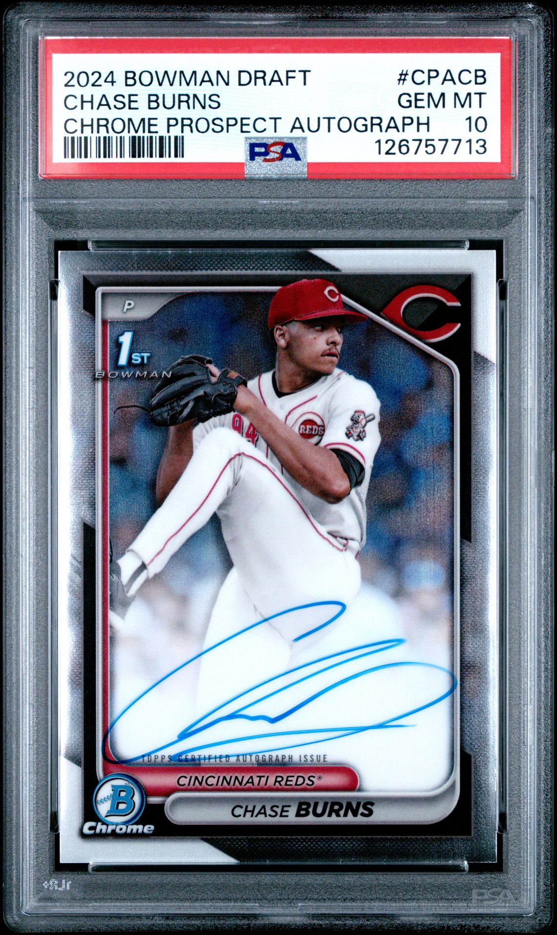 2024 Bowman Draft Chrome Prospect Autographs Chase Burns #Cpacb Gem Mt 10 front
