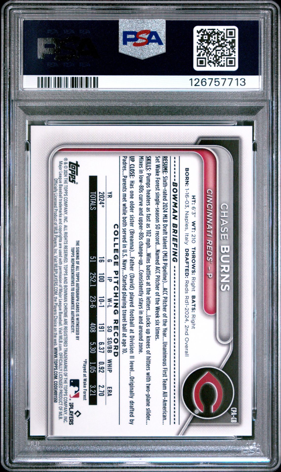 2024 Bowman Draft Chrome Prospect Autographs Chase Burns #Cpacb Gem Mt 10 back