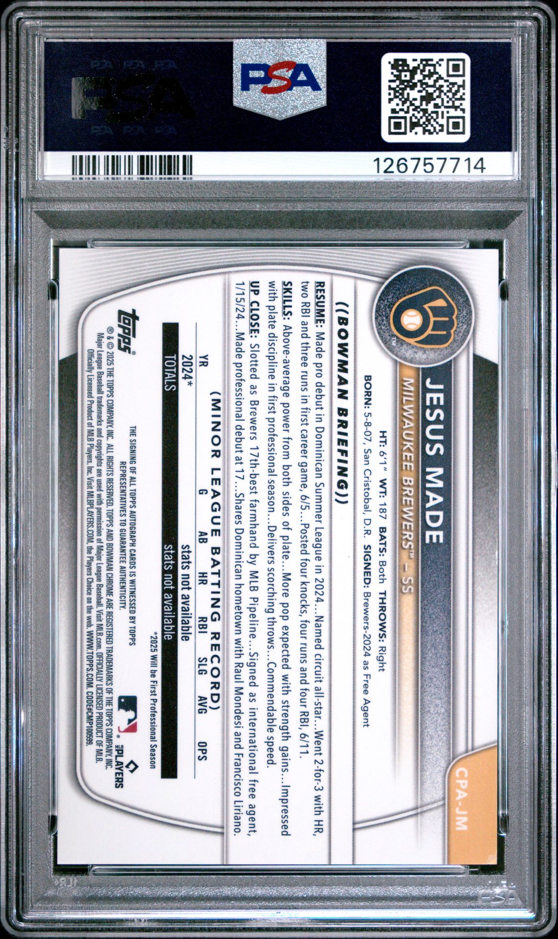 2025 Bowman Chrome Prospect Autographs Jesus Made #Cpajm Mint 9 back