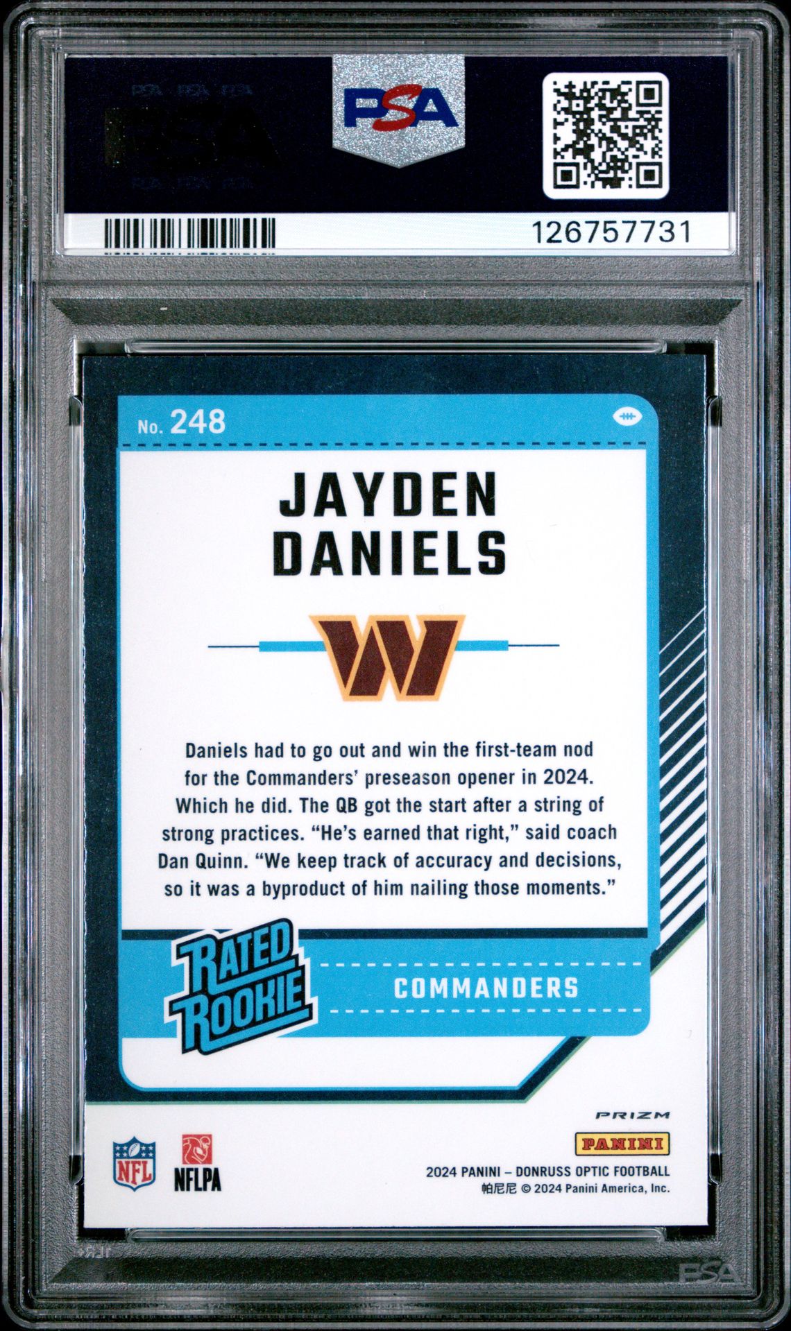 2024 Panini Donruss Optic Jayden Daniels #248 (Purple Shock) Mint 9 back