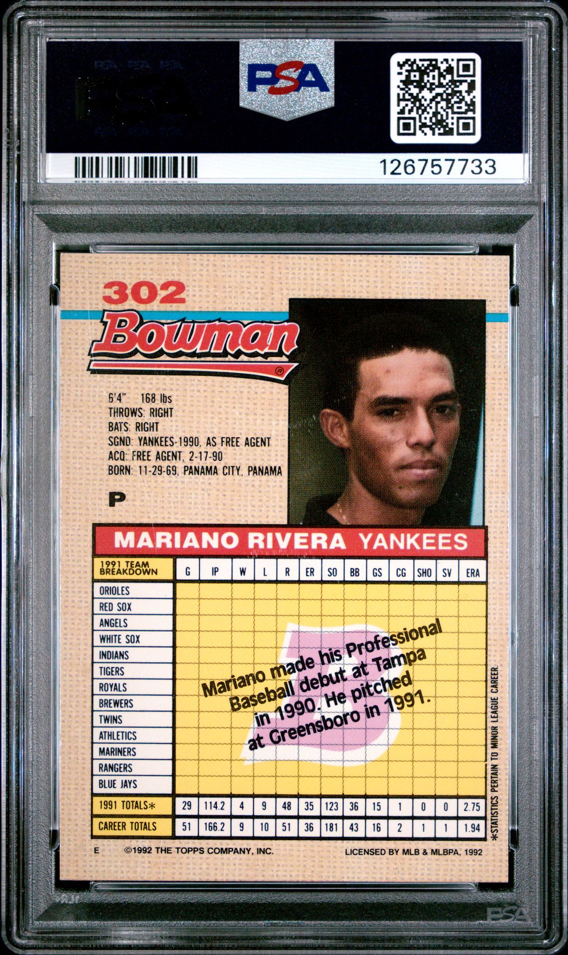 1992 Bowman Mariano Rivera #302 Nm 7 back