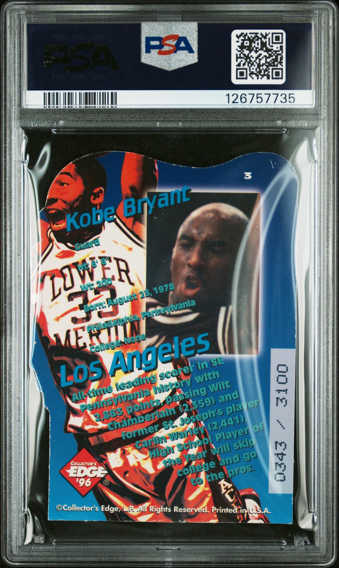 1996 Collector's Edge Key Kraze Kobe Bryant #3 (Key Kraze-Die-Cut) Ex-Mt 6 back