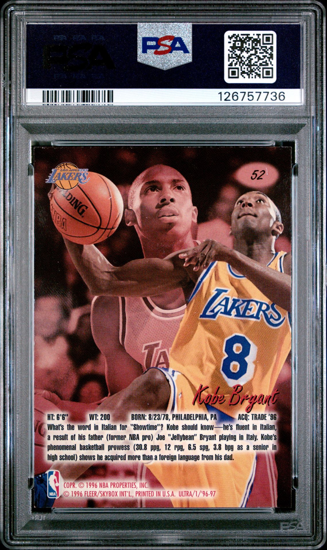 1996 Ultra Kobe Bryant #52 Ex-Mt 6 back
