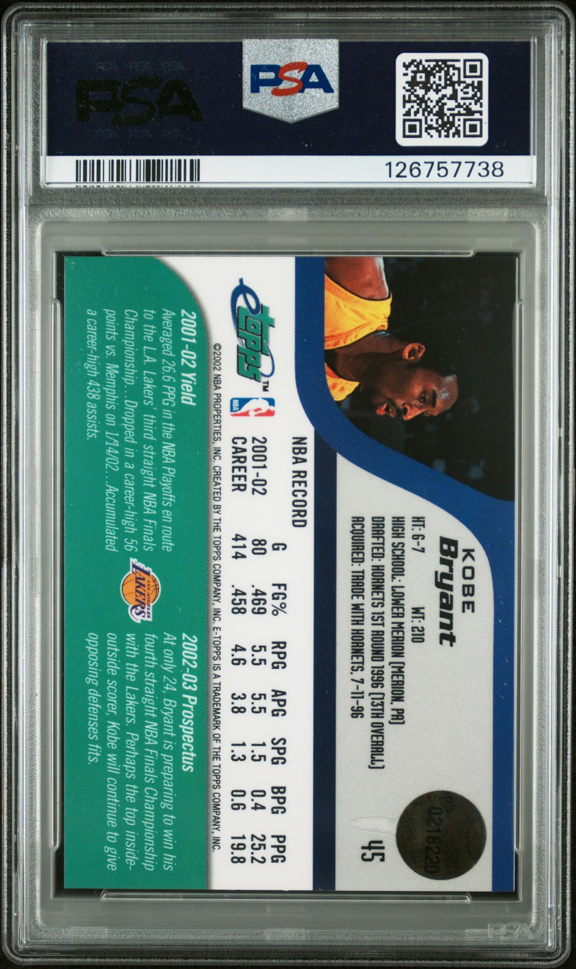 2002 Etopps Kobe Bryant #45 Mint 9 back