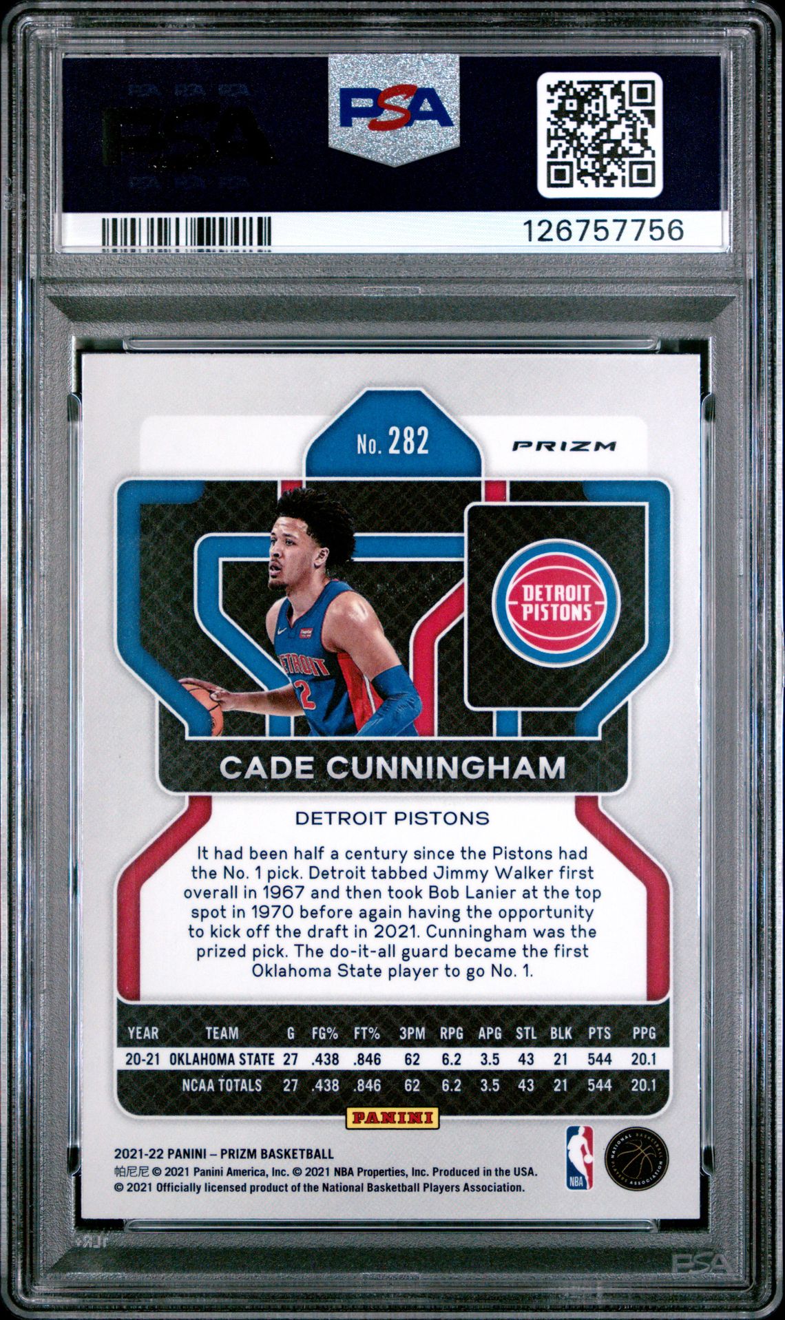 2021 Panini Prizm Cade Cunningham #282 (Ice) Mint 9 back
