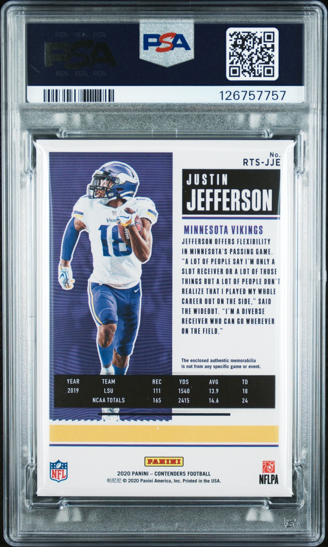 2020 Panini Contenders Rookie Ticket Swatches Justin Jefferson #Jje (Rookie Ticket Swatches) Mint 9 back