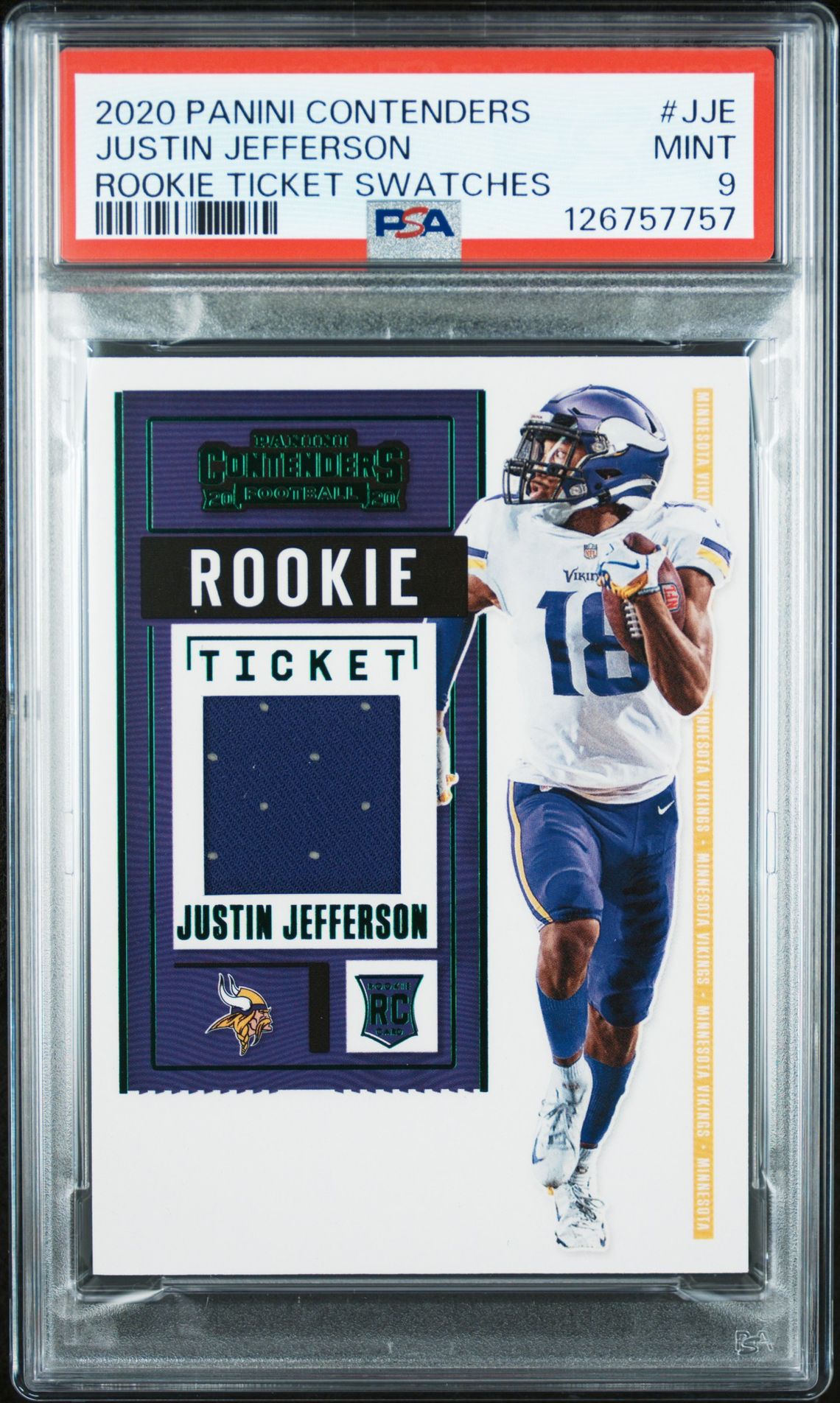 2020 Panini Contenders Rookie Ticket Swatches Justin Jefferson #Jje (Rookie Ticket Swatches) Mint 9 front