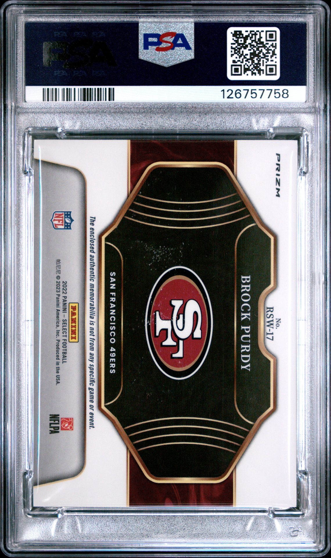 2022 Panini Select Rookie Swatches Brock Purdy #Rsw17 (Rookie Swt-Red Prizm) Nm-Mt 8 back