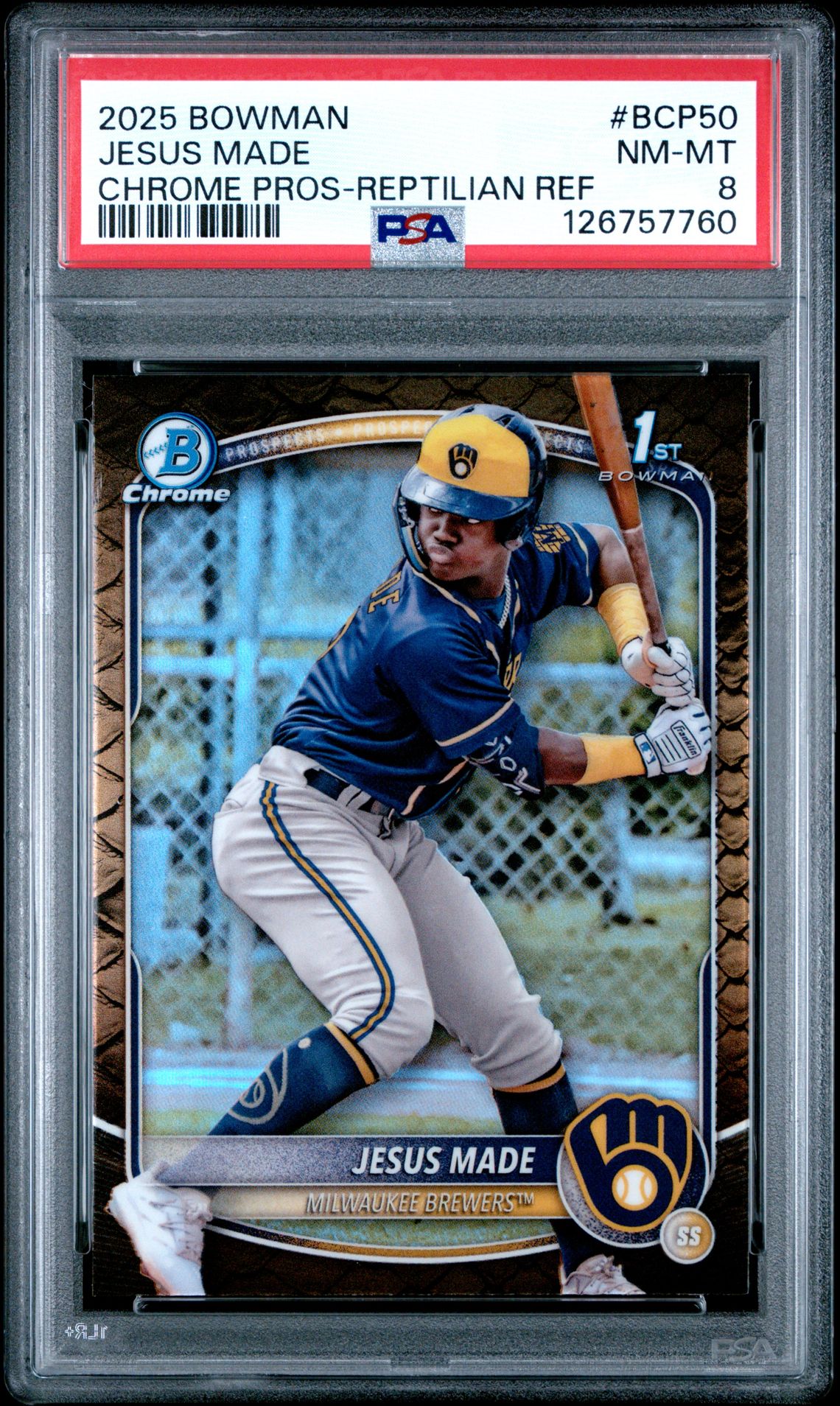 2025 Bowman Chrome Prospects Jesus Made #Bcp50 (Chrome Pros-Reptilian Ref) Nm-Mt 8 front