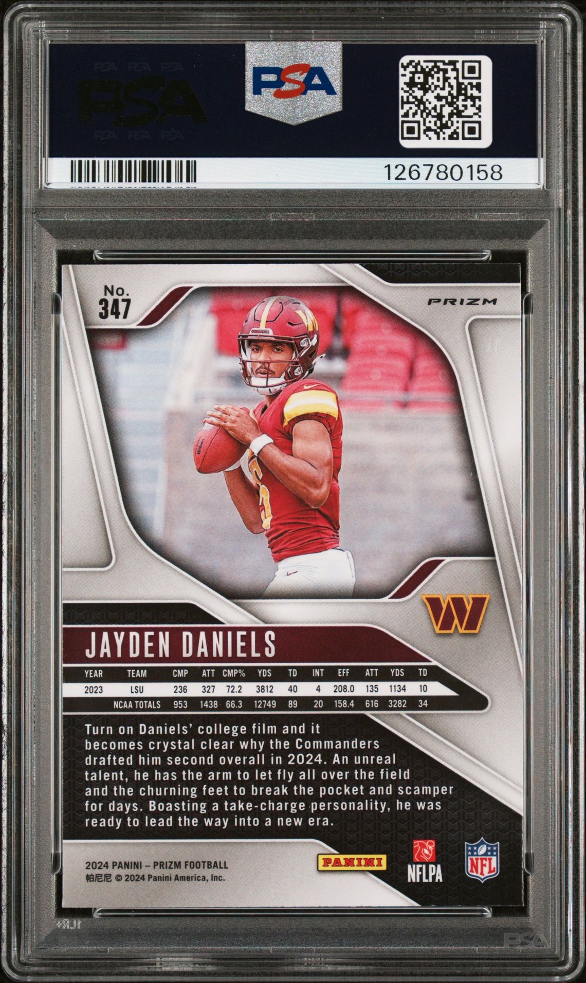 2024 Panini Prizm Jayden Daniels #347 (Lazer Prizm) Gem Mt 10 back view - PSA certificate #126780158
